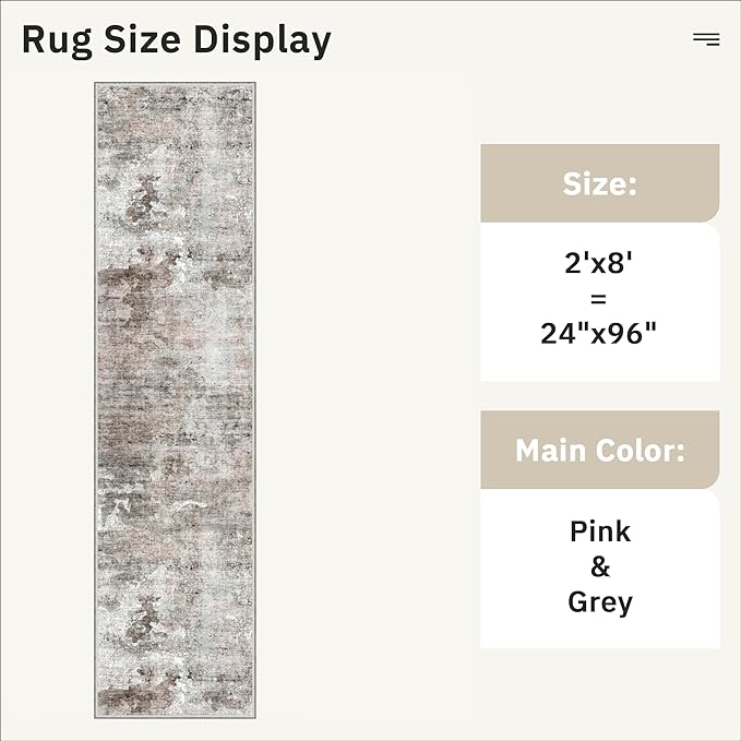 Soalmost Runner Rug 2x8 Washable Non-Slip Hallway Runner Rugs for Kitchen Bathroom Laundry Room Pink/Grey Vintage Floor Carpet Runners for Hallways Entryway