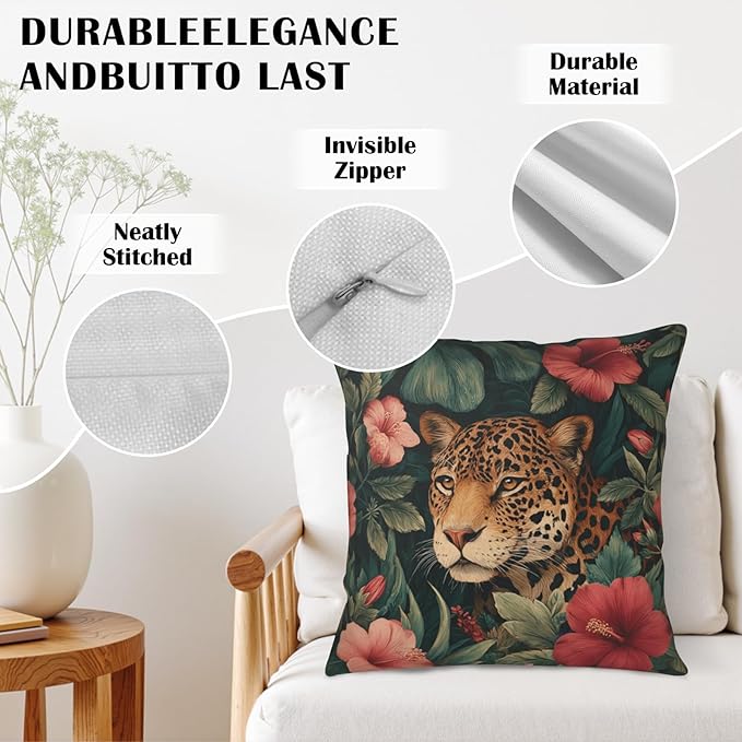 Set of 2 Hawaiian Floral Leopard Throw Pillow Covers Tropical Palm Monstera Leaves Pillow Cases 22x22 Summer Jungle Cheetah Hibiscus Flower Pillow Covers for Home Sofa Couch