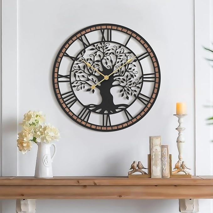 Micasso Wall Clocks Battery Operated: 21Inch Farmhouse Tree of Life Metal with Wood Frame - Rustic Roman Numerals Clock for Bedroom/Office/Living Room/Kitchen - Home Decor for Trendy Fashionistas