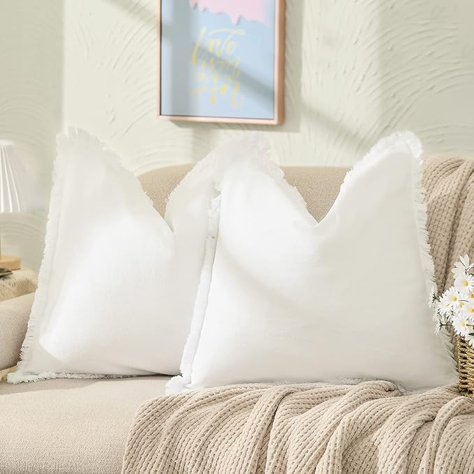 ZWJD Pillow Covers 16x16 Set of 2 Cream Throw Pillow Covers with Fringe Chic Cotton Decorative Pillows Square Cushion Covers for Sofa Couch Bed Living Room Farmhouse Boho Decor