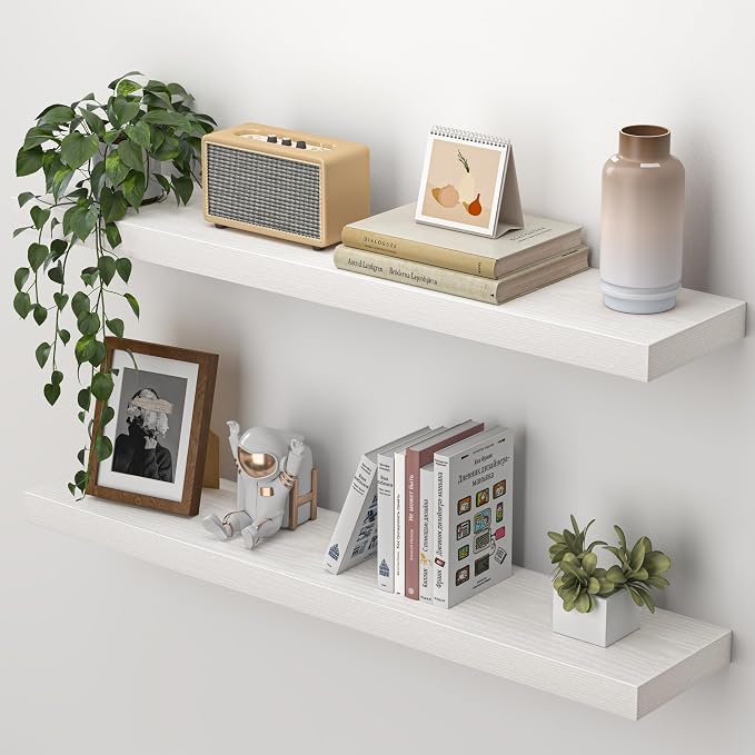 Heimlove Floating Shelves for Wall 32 Inch,Mounted Storage Wood Shelves with Invisible Brackets Hanging Shelf for Bedroom Living Room Kitchen Office,Set of 2,White