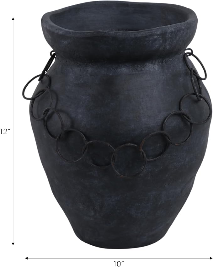 Terracotta Pottery Vase – Decorative Flower Holder for Stems and Greenery, Living Room or Office Tabletop Home Decor, Rustic Metal Chain Accent for Collected, Layered Style – 12", Black