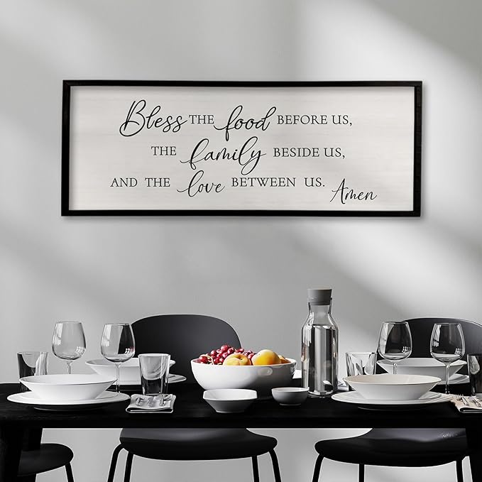 Surfapans Bless the Food Before Us Wall Decor, 32"X12" Farmhouse Dining Room Family Kitchen Sign, Christian Bible Verse Scripture Vintage Home Framed Wood Wall Art (Black)