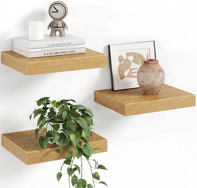 Fun Memories Floating Shelves for Wall with Invisible Brackets, 10 Inch Wall Mounted Wood Shelves with Wood Grain for Living Room, Bedroom, Bathroom, Kitchen Decor and Storage, Oak - Set of 3