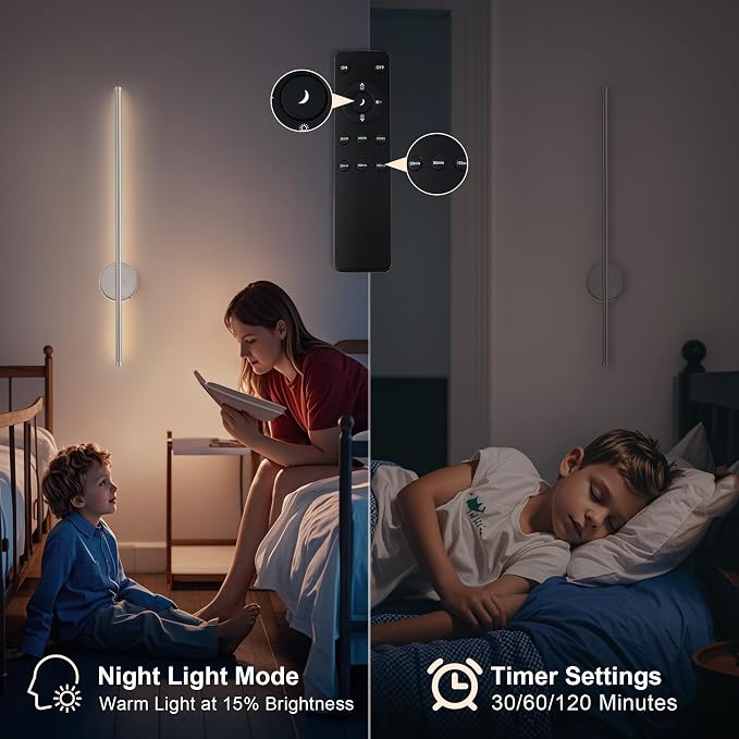 Battery Operated Modern Wall Sconces, Dimmable Wireless Wall Light Set of Two with Remote Control, 3 Color Temperatures, Rechargeable LED Wall Sconce for Bedroom, Living Room,Hallway, 23.6 Inch Nickle