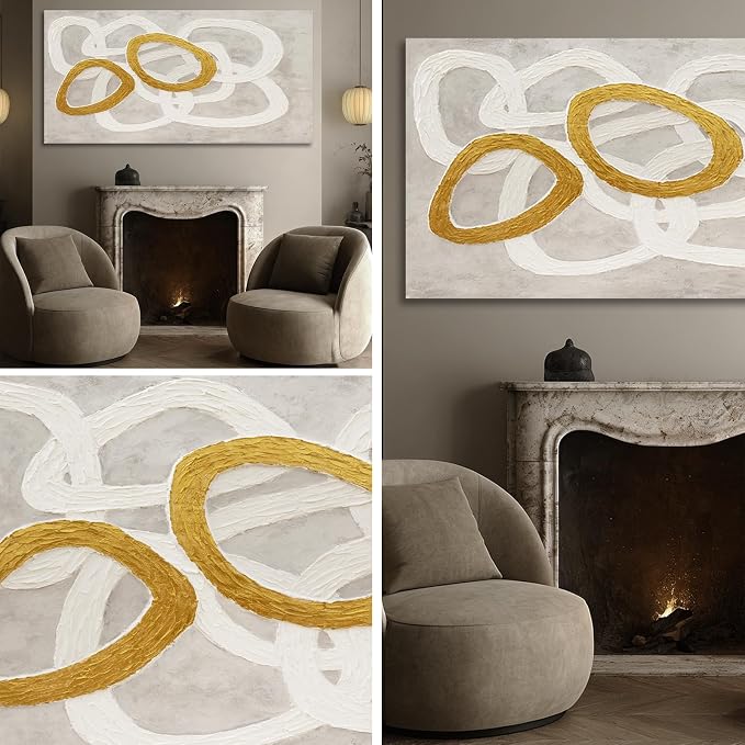 Dolidoteart Beige White Gold Abstract Wall Art, Large Canvas Wall Art for Living Room Office, Neutral Hand-Painted Style Horizontal Wall Decor, 29x58 Inch