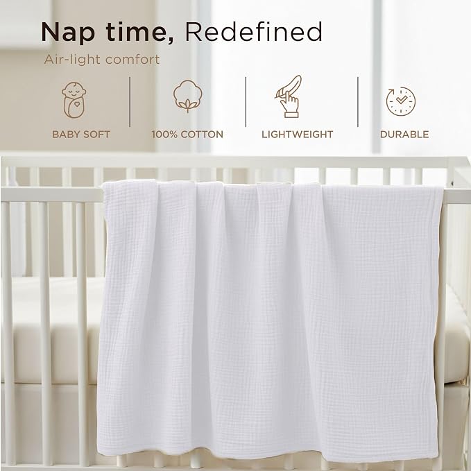 Threadmill Muslin Swaddles for Newborns| 4 Layer Swaddle Baby Blankets | Multi Use Muslin Blankets 41 x 37| Ultra-Soft Breathable Baby Wrap for Boys & Girls| Registry Essential| White