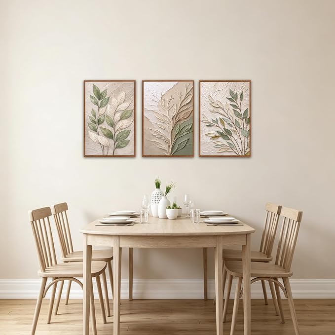 CHDITB 3D Neutral Foliage Impasto Textured Leaf Framed Canvas Wall Art Set, Sage Green Boho Botanical Rustic Country Wall Decor, Earth Tone Plant Art Prints for Living Room Bedroom Farmhouse 16"x24"x3