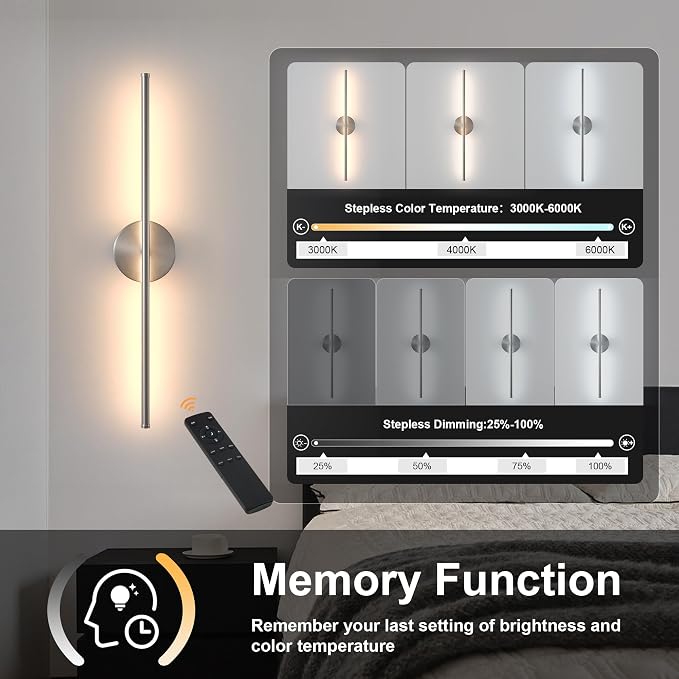 KARTOOSH Removable Battery Operated Wall Sconces with Remote Control 350°Rotate LED Wireless Wall Lights with 3 Color Temperatures & Dimming for Bedroom, Hallway,28.3 Inch (2 Pack)