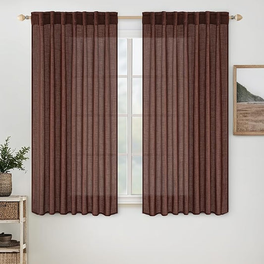 MIULEE Chocolate Brown Linen Curtains 63 Inch Length 2 Panels for Bedroom Living Room, Soft Thick Linen Textured Kitchen Window Drapes Semi Sheer Light Filtering Back Tab Rod Pocket Burlap Look Decor