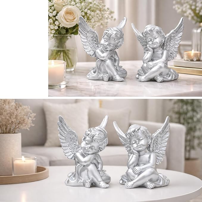 OwMell Set of 2 Cherubs Angels Resin Statue Figurine, Indoor Home Decoration, Adorable Angel Sculpture Memorial Statue 4" - Silver