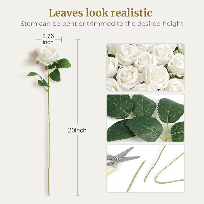 60PCS Artificial Roses Bulk, White Velvet Silk Fake Roses, Realistic White Flowers for Mother's Day, Wedding Centerpieces, Bridal Bouquets, Home Decor, Baby Shower, Valentine's Day Party Decorations