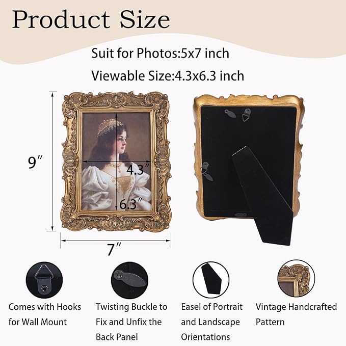 Antique Picture Frames 5x7 Vintage Victorian Ornate Picture Frames with Front Glass Wall Mount and Tabletop Baroque Home Decor Retro Gallery Wall Decor,1 Pack,Bronze