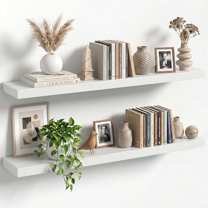 40" Floating Shelves for Wall, Set of 2, 8" Deep, 1.5" Thick, White | Rustic Wood Wall Shelves with Invisible Brackets, Storage and Display for Bathroom, Bedroom, Living Room or Kitchen