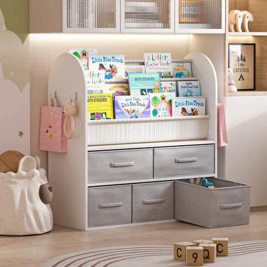 NACHES Kids Bookshelf and Toy Storage Bins, Children Bookcase Toddler Book Display Cabinet with 5 Toy Organizer Boxes for Playroom,Reading Room,Toddler Room,Nursery,Classroom