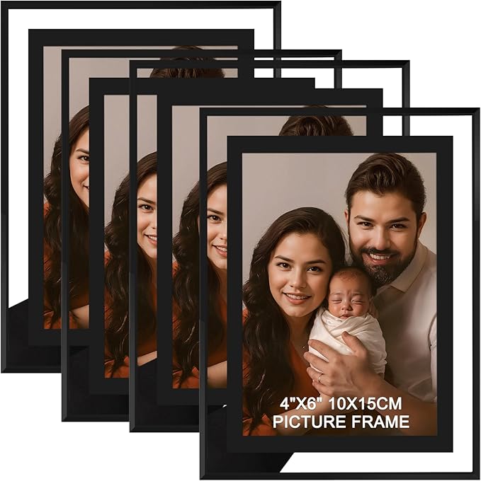 IZIDDO 4x6 Picture Frames Set of 4, Black Glass Photo Frame,for Wall Mount or Tabletop Standing, Gift Picture Frame, Horizontally or Vertically (4x6, Black or Sparkling silver Randomly)