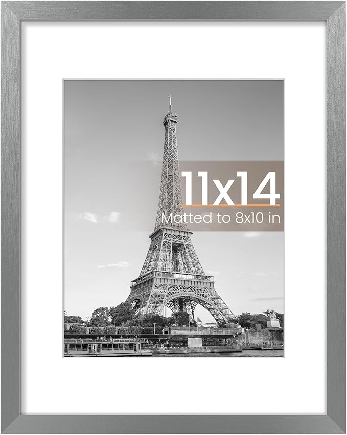 upsimples 11x14 Picture Frame, Display Pictures 8x10 with Mat or 11 x 14 Without, Wall Hanging Photo Frames, Metallic Gray, 1 Pack