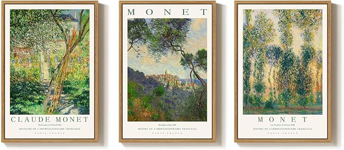 3 Piece Framed Monet Landscape Wall Art for Living Room, Large Impressionist Vintage Canvas Artwork for Walls, Green Tree Nature Prints Painting for Bedroom Dining Room Wall Decor 16x24 Inch