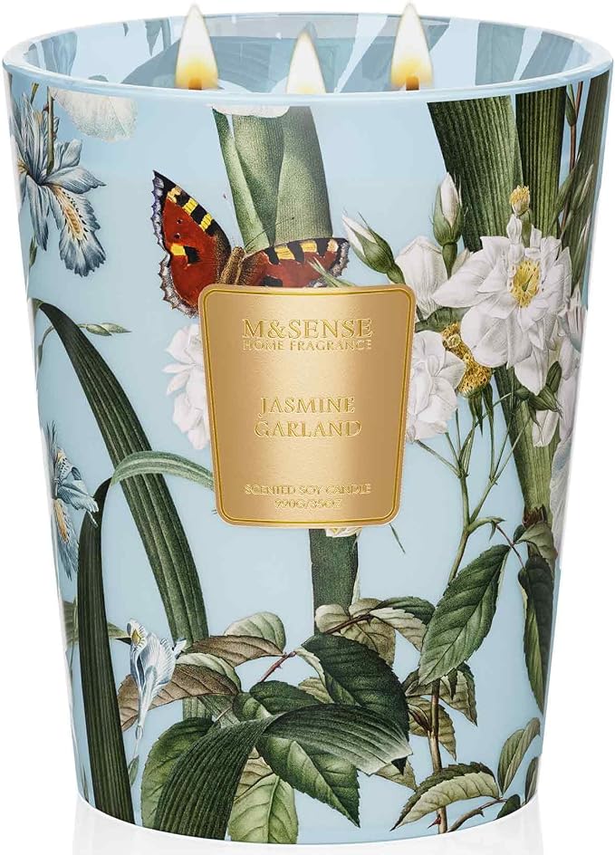 M&SENSE Jasmine Candles Highly Scented 3 Wick 35oz 150 Hours Burn Extra Large Jar Candles for Women, Natural Soy Wax Aromatherapy Candle for Stress Relief, Meditation, Yoga, Spa | 150H Slow Burn, Non-Toxic, Large Jar, Spa Stress Relief Home Fragrance, ...