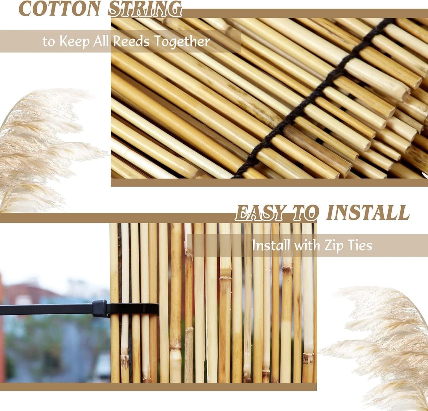 ZNCMRR Natural Reed Fencing Rolls,5.5FT X 16.4FT Balcony Screen Curtain Fence Covering Privacy Screen Fencing for Outdoor Backyard Patio（Stripy）