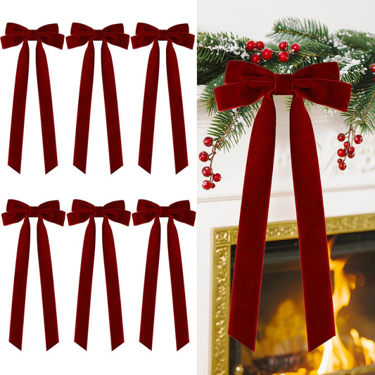 Senjie Velvet Large Christmas Bows for Staircase Garland Wreath, 20in x 8in Vintage Ribbon Bows with Twist Tie for Xmas Tree Holiday Indoor Outdoor Decorations (6Pcs, Burgundy)