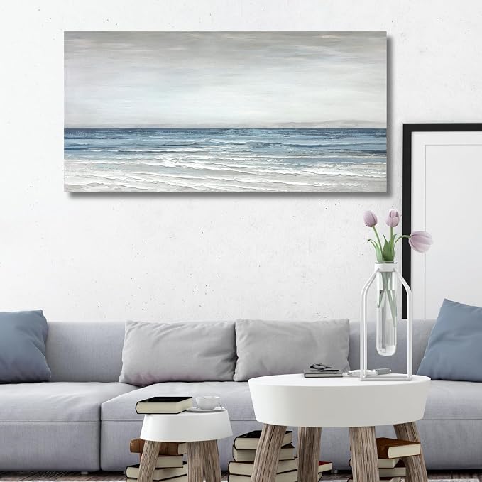 TRAIN2 ART Abstract Wall Art Painting Wall Decor Large Artwork Textured Blue and White Sea Background Canvas Wall Art for Living Room Bedroom Home Decor 20"x40"