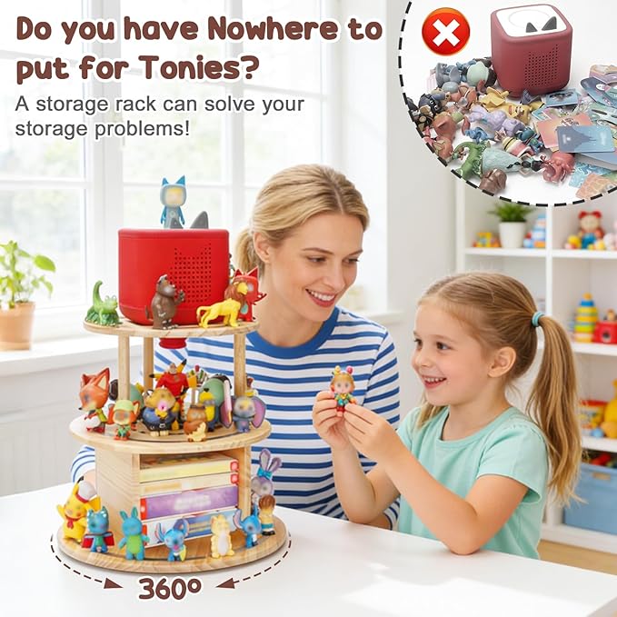 360° Rotating Storage Shelf for Toniebox1/2, 3-Tier Organizer Holder for 30~40 Tonies Figures, Wooden Magnetic Stand Display for Tonie Box + Characters + Tonieplay Game + Controller