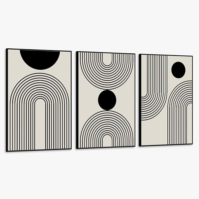 SAFERRYHOME Boho Abstract Wall Art, 3 Pieces Mid Century Modern Framed Canvas Wall Decor Neutral Beige Black Art Painting Print, Geometric Line Artwork Picture for Living Room Bedroom Office, 24"x36"