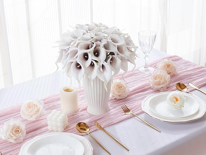 24 Pcs Artificial Calla Lily Flowers Fake Silk Flowers Real Touch for Wedding Bouquet Office Goth Home Kitchen Decor (White Black)