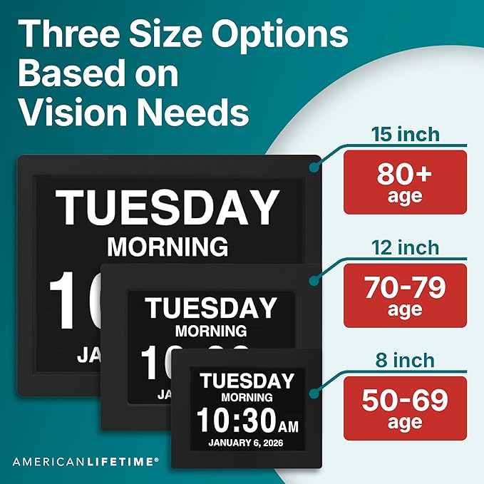 American Lifetime Large Digital Clock for Seniors, Black, 8 inch, with Day & Date, Customizable Alarms, Auto-Dimming, Multi-Language Support, Battery Backup, Easy Setup, and Gift Option