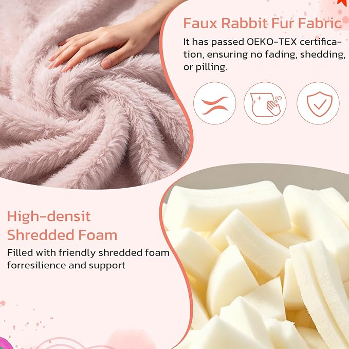 2.5FT Memory Foam Bean Bag Chair - Ultra Soft Faux Rabbit Fur Round Sofa with Handle & Machine Washable Cover, Comfy Lazy Chair for Kids Teens, Perfect for Reading Gaming in Living Room Bedroom，Pink