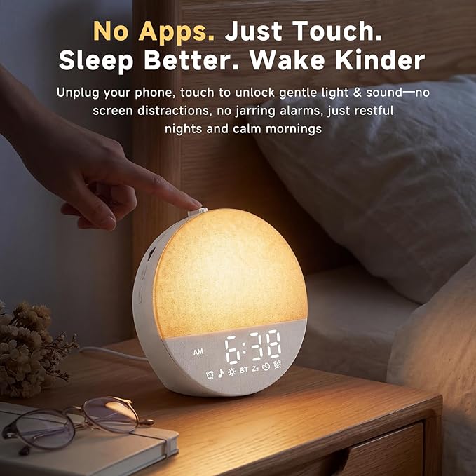 Geuuap Sunrise Alarm Clock White Noise Machine | Natural Wake-Up Light for Bedroom with 30 Soothing Sleep Aids, Bluetooth Speaker, Dimmable Clock, Screen-Free Design for Baby Adults Kids-White