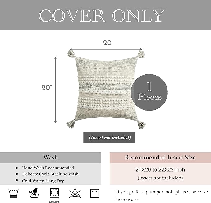 BlissBlush Gray Decorative Throw Pillow Cover 20X20, Boho Accent Pillow for Couch, Square Modern Farmhouse Pillowcase for Living Room Couch Sofa Cushion Home Décor (Pack of 1)