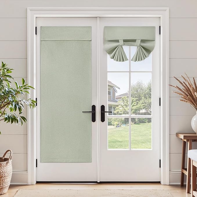 HOMEIDEAS 100% Sage Green Linen Blackout French Door Curtains, Privacy Door Window Curtains, 34 X 40 Inch Room Darkening Blinds, Thermal Insulated Shades for Bedroom, 1 Panel