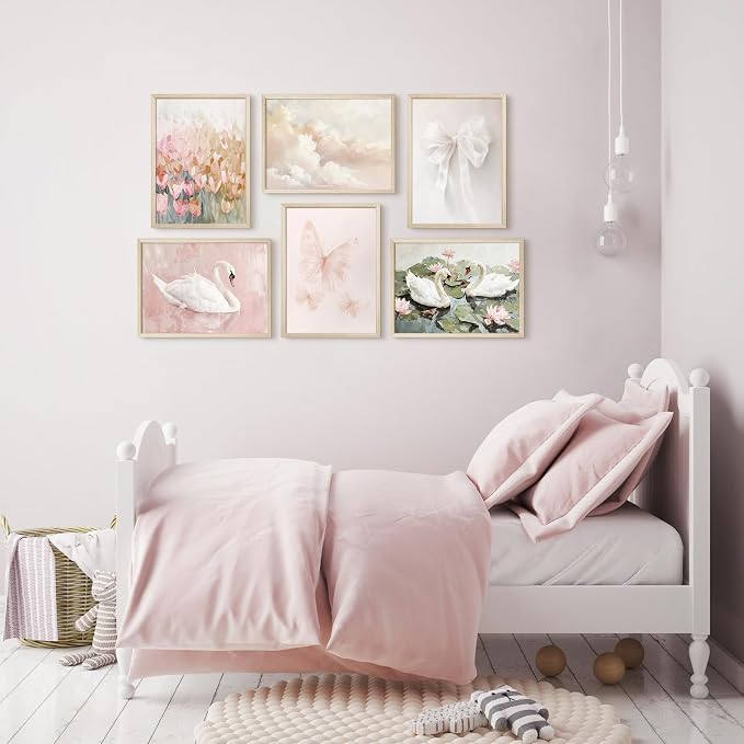 Coquette Pink Wall Art Decor Aesthetic Swan Posters Bow Flower Canvas Wall Art Preppy Cute Pictures Trendy Butterfly Posters Coquette Aesthetic Prints for Girl Dorm Bedroom 12x16x6 Inch Wood Framed