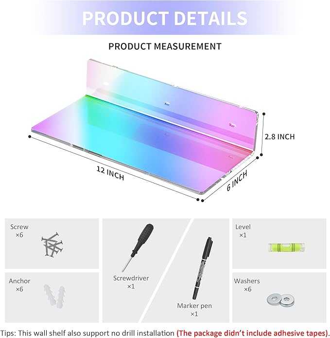 Sezanrpt 12 Inches Iridescent Acrylic Wall Shelves Set of 2, Wall Mounted Shelf for Funko Pop Shelves, Smart Speaker, Plants, Picture Frame, Digital Clock, 2 Pack
