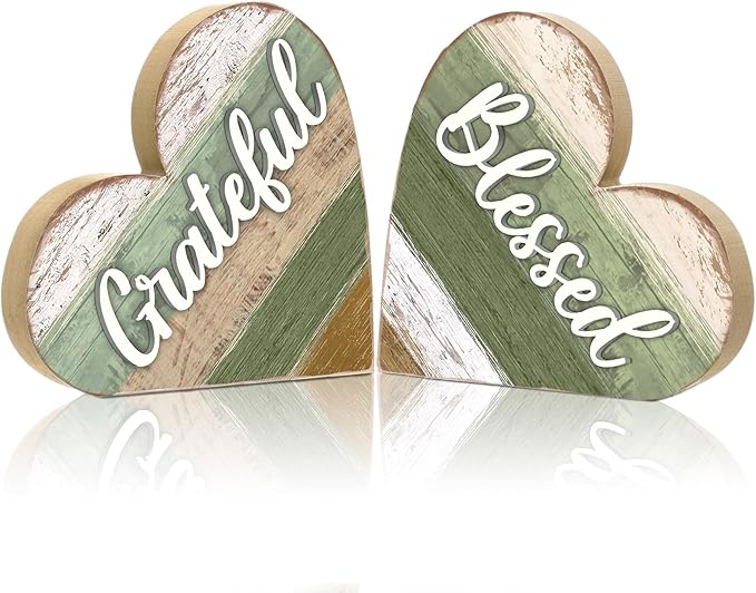 Jetec 2 Pcs Rustic Wooden Heart Table Decor, Daisy Farmhouse Home Decor, Bless This Home & Be Kind Sign for Living Room, Dining Room, Shelf & Mantel, Ideal Housewarming & Birthday Gift(Blessed Style)