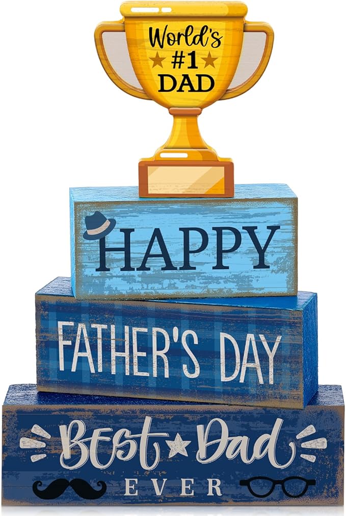 Yuntau 4 Pcs Father's Day Decorations Happy Father's Wooden Tabletop Tiered Tray Decor Rustic Best Dad Ever Trophy Wood Block Table Sign Centerpiece for Farmhouse Shelf Fireplace Birthday Party Gift