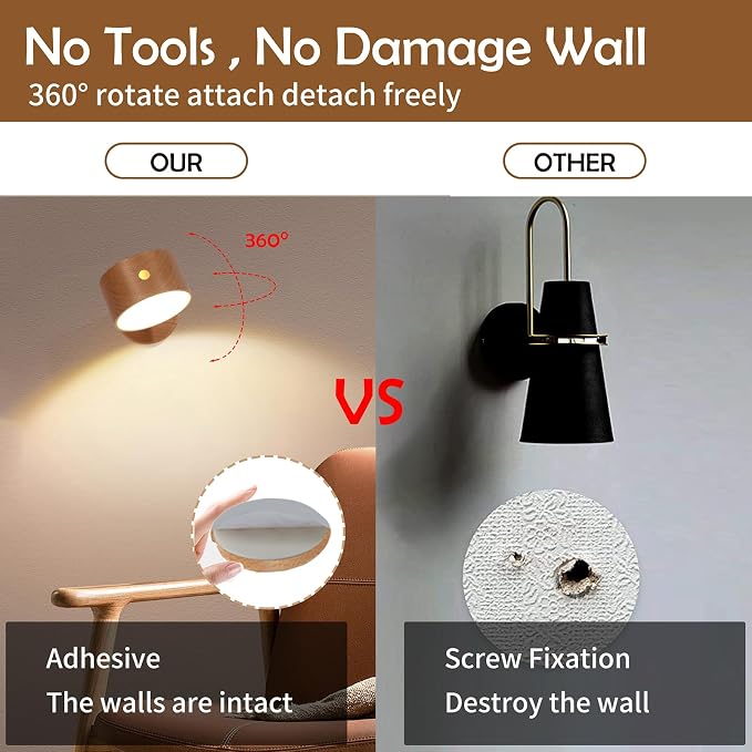 LANDGOO Wood Wall Sconce, Sapele Wood Magnetic 360° Rotatable Cordless Bedside Lamp Set, Rechargeable & Dimmable LED Lights with Touch Control, Wireless Wall Mount for Bedroom