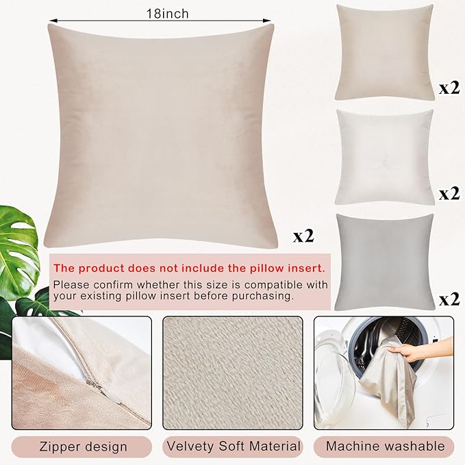 Berlune 8 Pcs Velvet Throw Pillow Covers 18" x 18" Decorative Cushion Cases Soft Pillowcase for Graduation Coquette Party Accessories Couch Sofa Bed Chair Home Decor, No Inserts (Beige Gray Colors)