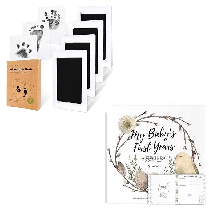 KeaBabies Inkless Hand and Footprint Kit & First 5 Years Baby Memory Book Journal - 4-Pack Ink Pad for Baby Hand and Footprint- 90 Pages Hardcover First Year Keepsake Milestone Baby Book For Boy, Girl