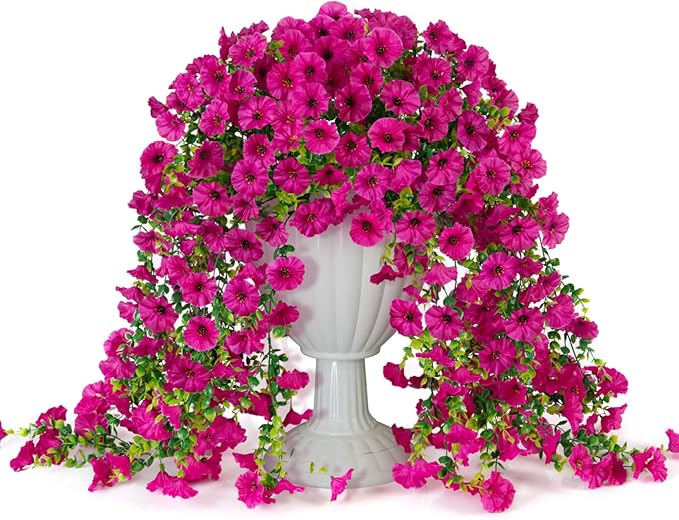 Fake Artificial Hanging Morning Glory Flowers for Outdoor Planters Porch Pation Decoration,2 Bundles UV Resistant Silk Faux Flowers with Realistic Eucalyptus Plants for Home Office Garden Decor