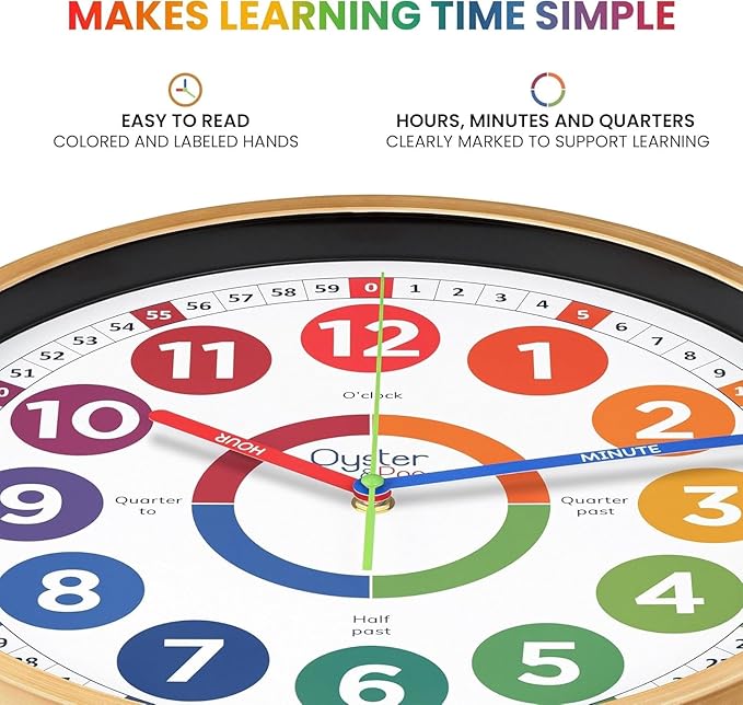 Oyster&Pop Extra Large Learning Clock for Kids - 14 Inch Silent Analog Classroom Clock - Kids Room Decor - Makes Teaching Time Easy