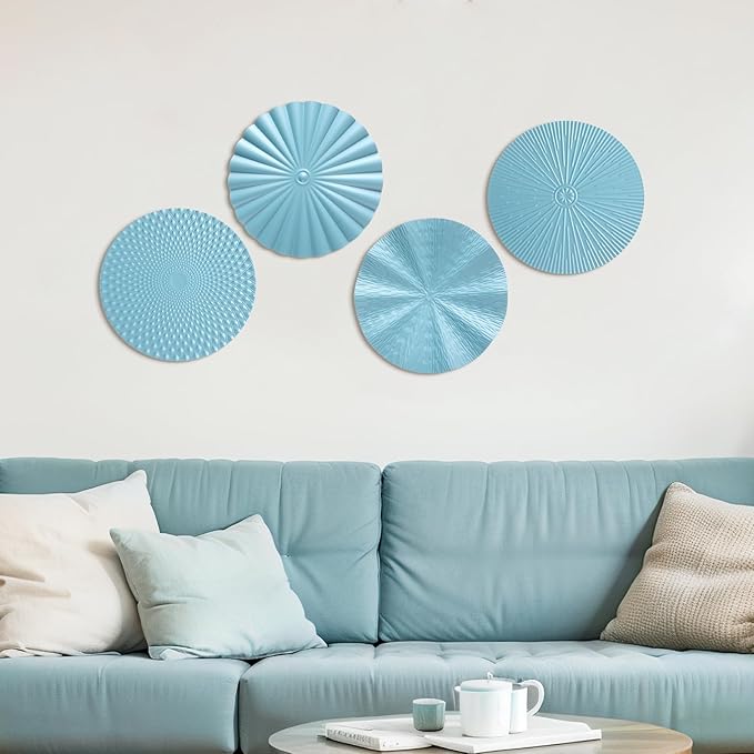 Hicarer 4 Pcs 12 Inch Metal Wall Art Decor Sunburst Hanging Metal Artwork Decor Wall Art Decorations for Home Living Room Office Gift for Christmas(Ocean Blue)