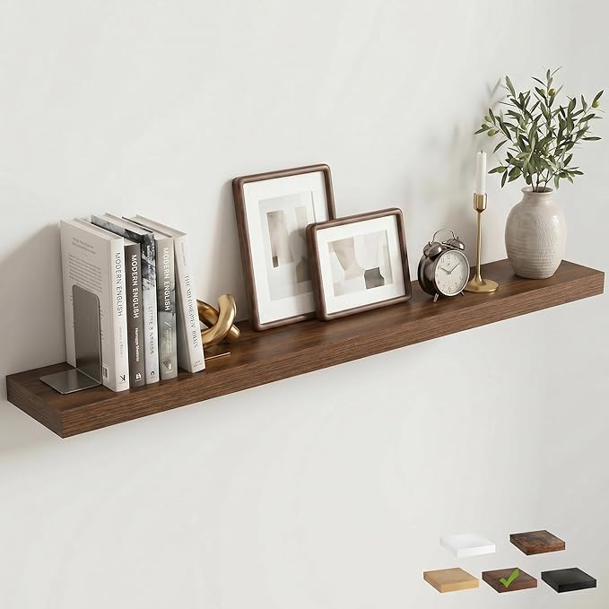 55 Inch Floating Shelves for Wall, 8"D Wood Storage Shelves, Walnut Finish | Engineered Wood, Invisible Bracket, Large Storage, Easy Install, Hold Up to 88lbs, Living Room, Bathroom, Bedroom, Kitchen