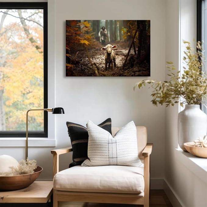 Ploceiny large artwork for wall Baptism wall art gifts for prayer room Jesus Running After Lost Lamb Picture for home decor canvas wall prints for for Living Room Bedroom decorations .(36"X24") A-399