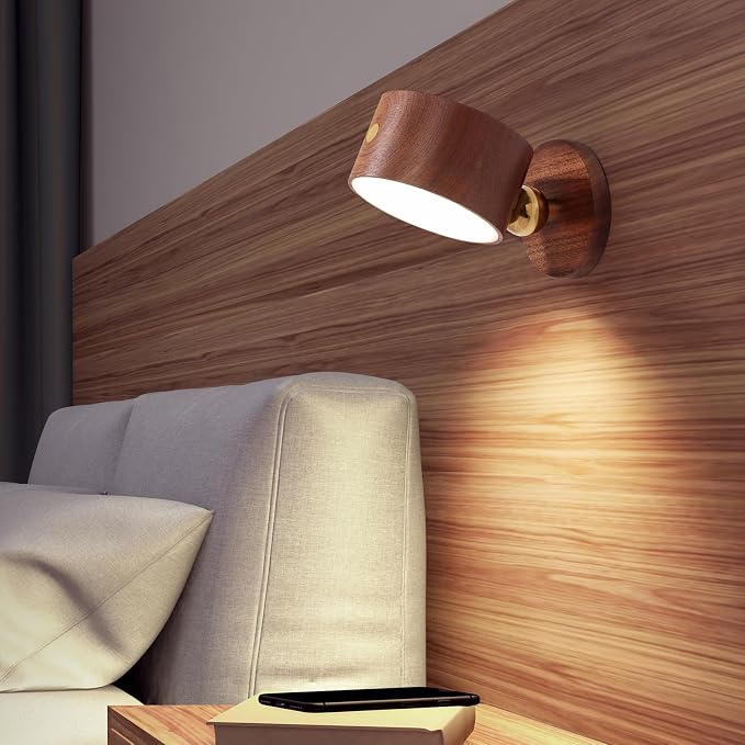 LANDGOO Wood Wall Sconce, Sapele Wood Magnetic 360° Rotatable Cordless Bedside Lamp Set, Rechargeable & Dimmable LED Lights with Touch Control, Wireless Wall Mount for Bedroom