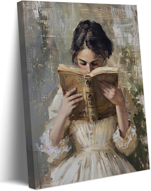 Vintage Victorian Woman Reading Book Wall Art Light Academia Wall Decor Paintings Picture Moody Girl Aesthetic Poster Canvas Print for Bedroom Living Room Dorm Library Nook 12x16Inch Framed