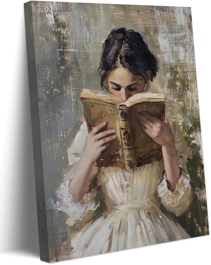 Vintage Victorian Woman Reading Book Wall Art Light Academia Wall Decor Paintings Picture Moody Girl Aesthetic Poster Canvas Print for Bedroom Living Room Dorm Library Nook 16x24 Inch Framed