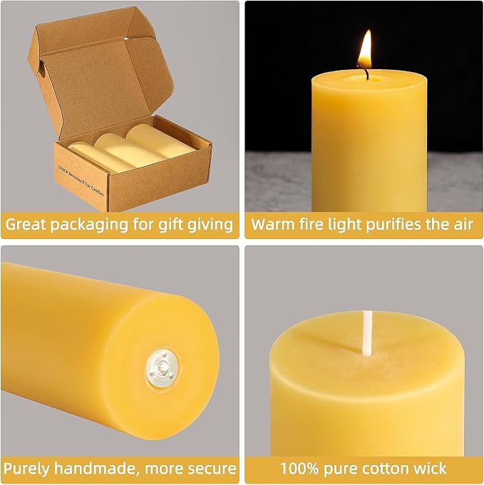 3 Pack Beeswax Candles, Non Toxic Natural Beeswax Pillar Candle for Home | Beeswax, Emergency, 2x4 Inch Organic Candles, 35 Hours Long Burning, Unscented Decorative Small Candle, Prayer Dripless